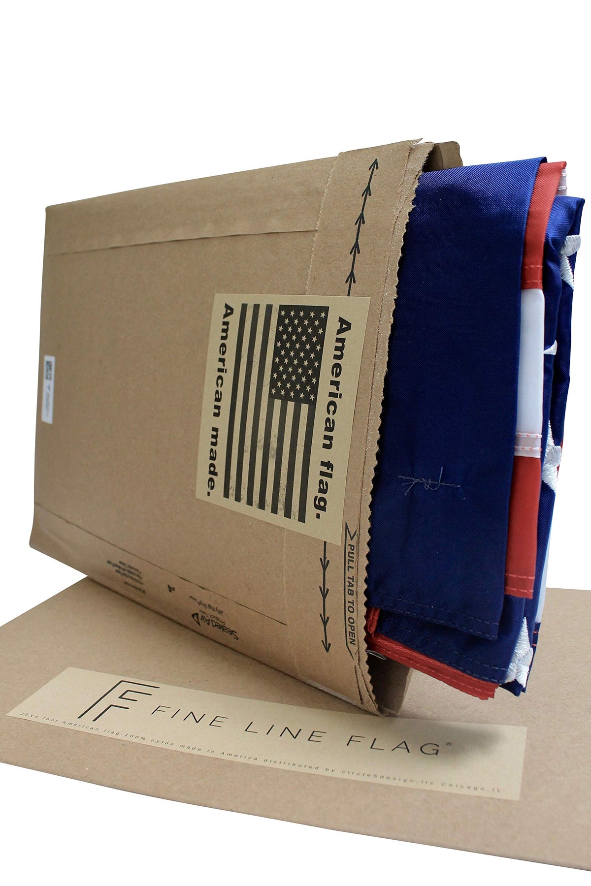 Fine Line Flag reinforced fly end with quadruple-stitched hem for durability.