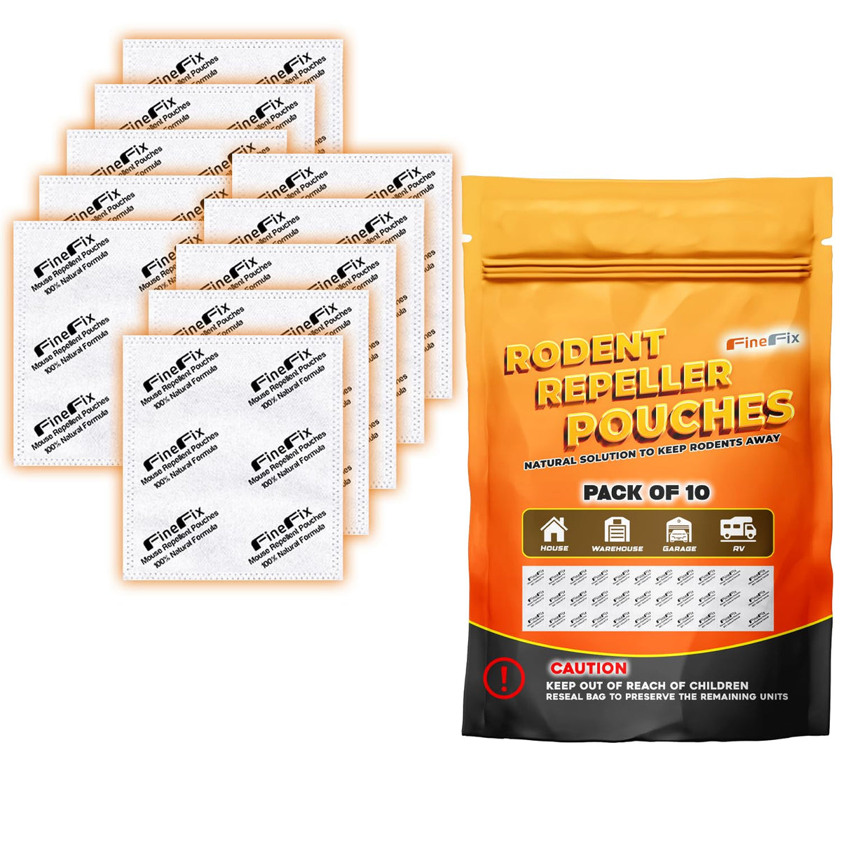 FineFix rodent repellent pouch pack, showcasing safe, long-lasting indoor protection from mice