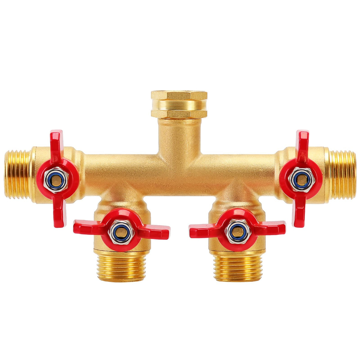 Finest+ 4-way brass hose splitter assembly enabling simultaneous watering for multiple zones.