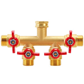 Finest+ 4-way brass hose splitter assembly enabling simultaneous watering for multiple zones.
