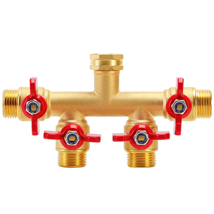 Finest+ 4-way brass hose splitter assembly enabling simultaneous watering for multiple zones.