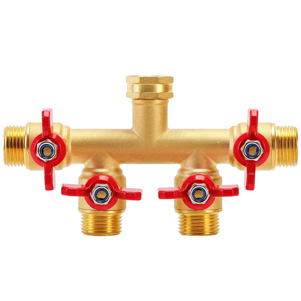 Finest+ 4-way brass hose splitter assembly enabling simultaneous watering for multiple zones.