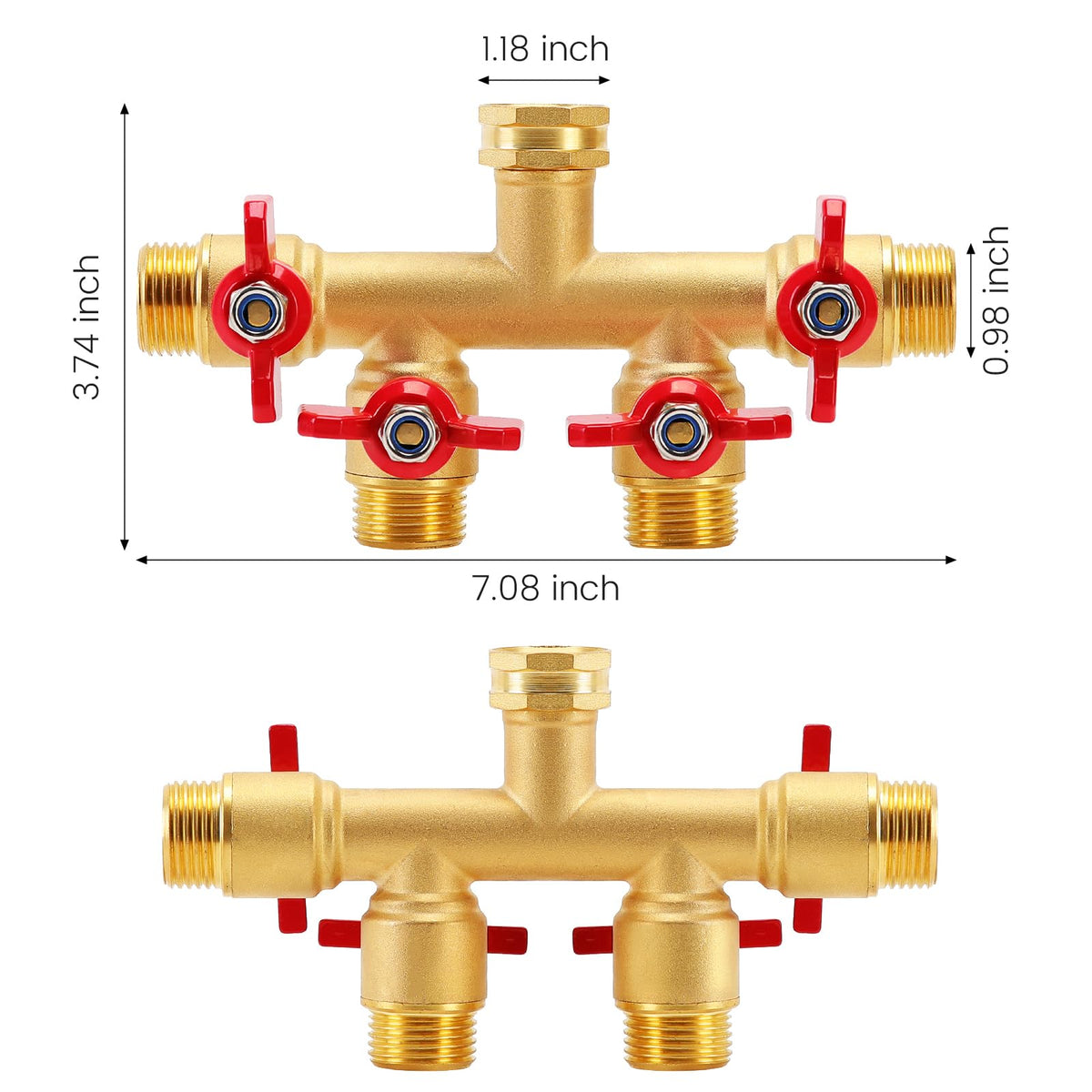 Finest+ 4-way brass hose splitter with big ball valve for easy control.