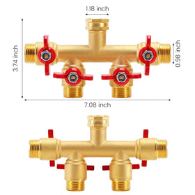 Finest+ 4-way brass hose splitter with big ball valve for easy control.