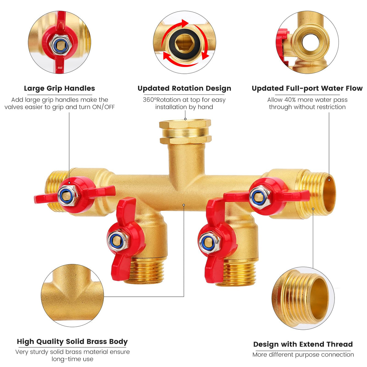 Finest+ brass hose splitter side view highlights solid construction and premium finish.