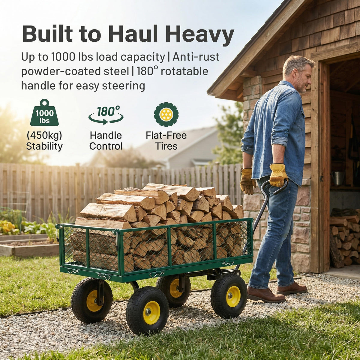 Finnhomy heavy-duty cart 10in flat-free wheels tackle varied surfaces.