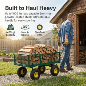 Finnhomy heavy-duty cart 10in flat-free wheels tackle varied surfaces.