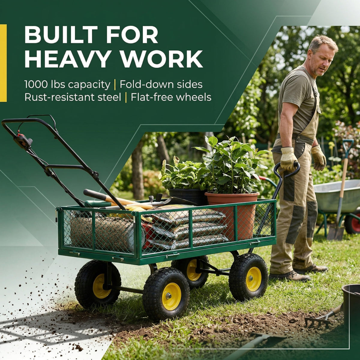 Finnhomy heavy-duty cart powder-coated steel resists rust for outdoor use.