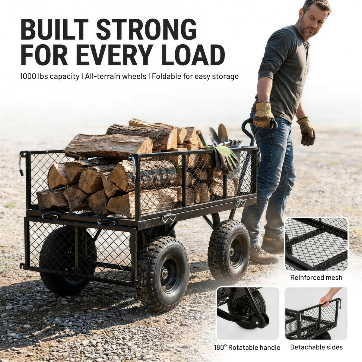 Finnhomy heavy-duty cart side view highlights portability and loading ease.