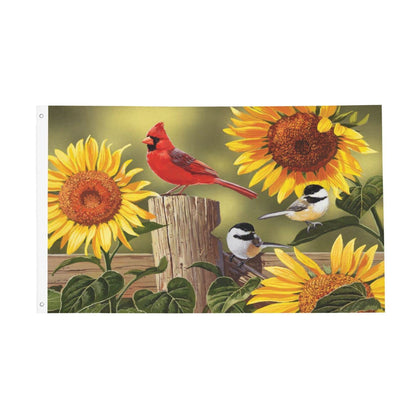 Fiokroo sunflowers and cardinals flag enhances garden curb appeal.