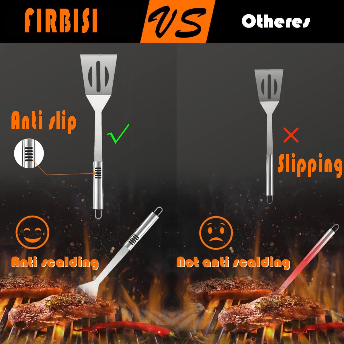 FIRBISI BBQ spatula with wide flipping surface for easy turning.