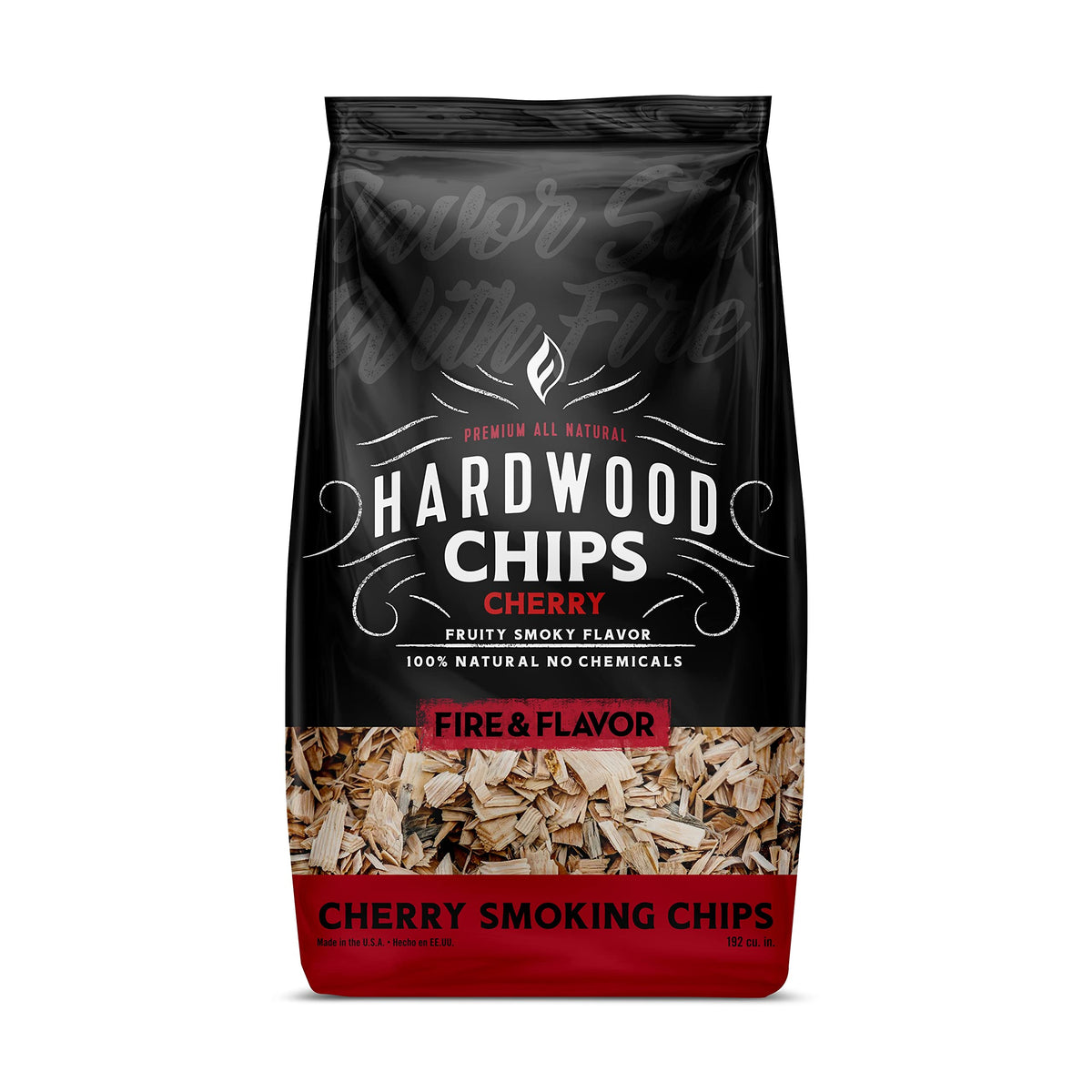 Fire & Flavor packaging for cherry hardwood chips shows natural, filler-free ingredients.