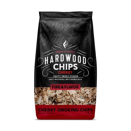 Fire & Flavor packaging for cherry hardwood chips shows natural, filler-free ingredients.