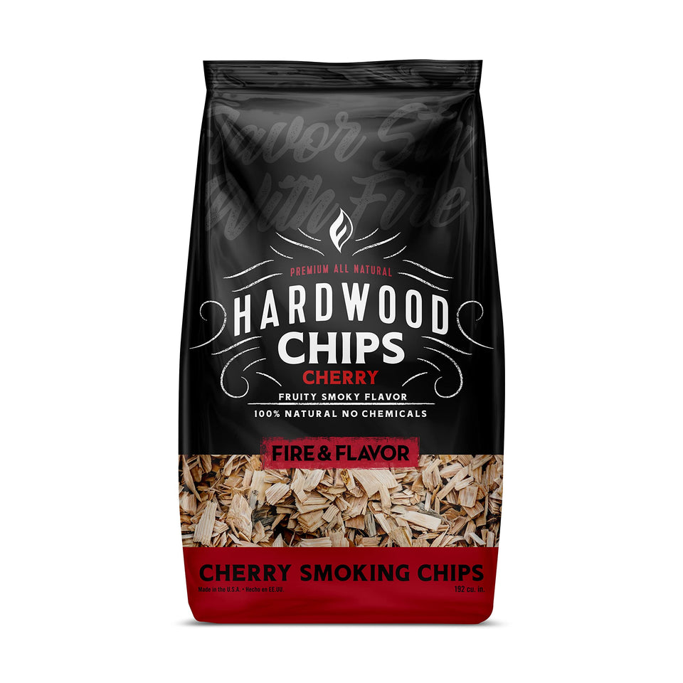 Fire & Flavor packaging for cherry hardwood chips shows natural, filler-free ingredients.