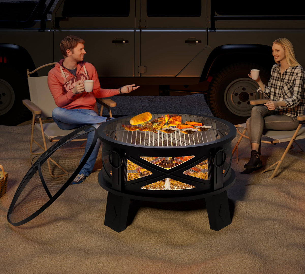 Fire Beauty 2-in-1 fire pit and grill for roasting.