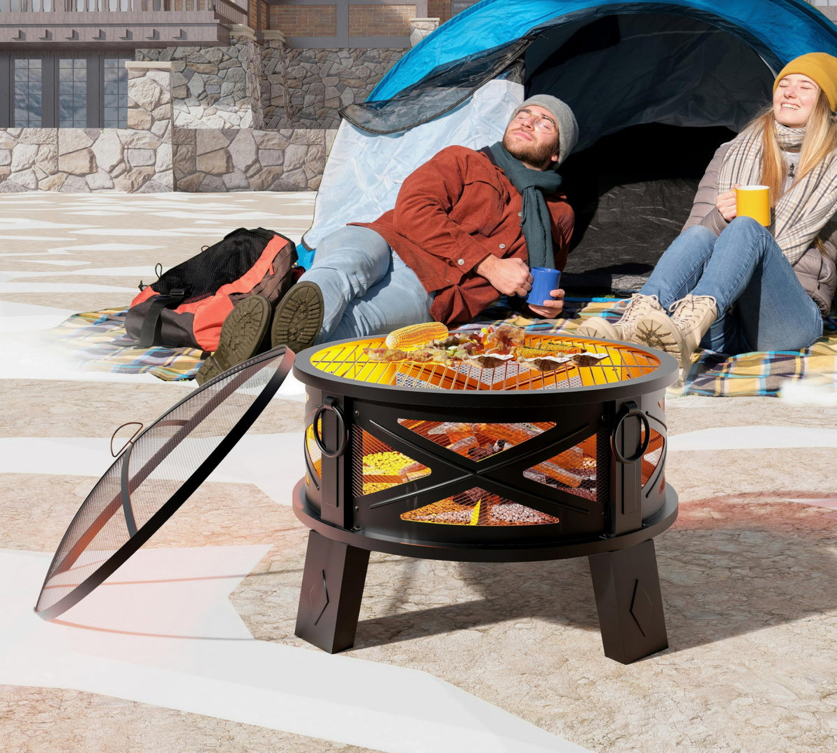 Fire Beauty 26in steel fire pit with grill grate for outdoor cooking.
