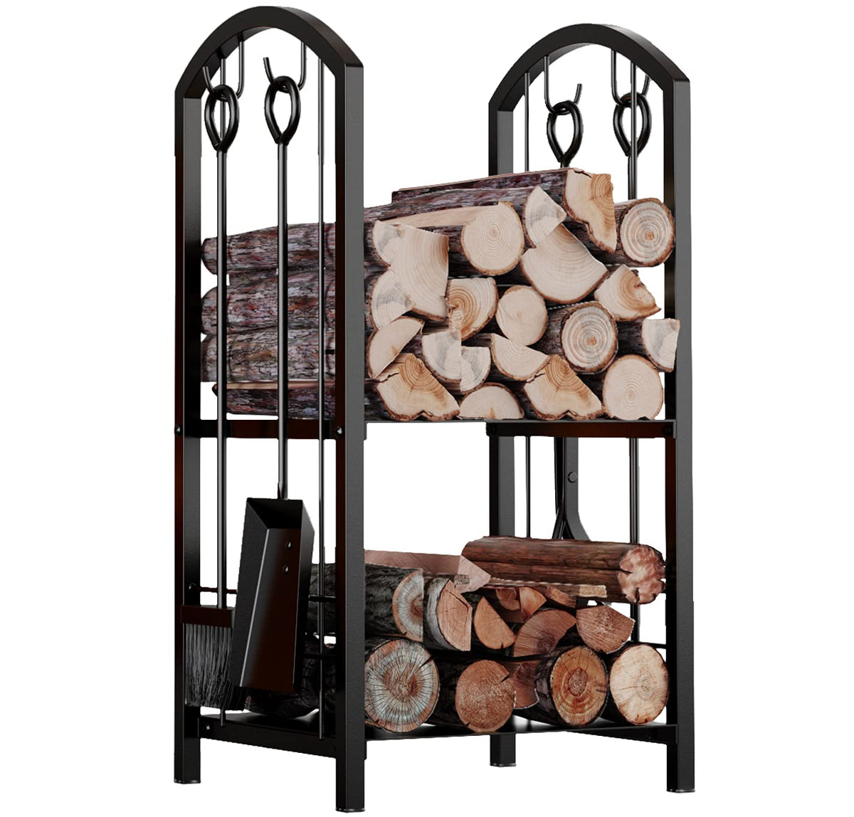 Fire Beauty log rack assembly demonstrates sturdy, space-saving fireside storage.
