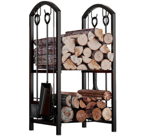 Fire Beauty log rack assembly demonstrates sturdy, space-saving fireside storage.
