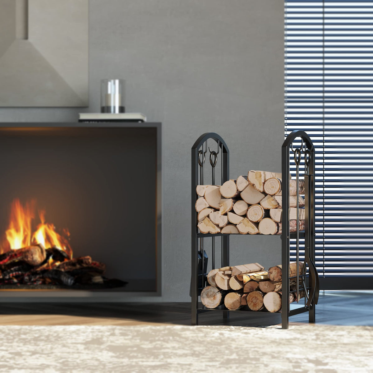 Fire Beauty four-tool fireplace set includes poker, shovel, broom, and tongs.