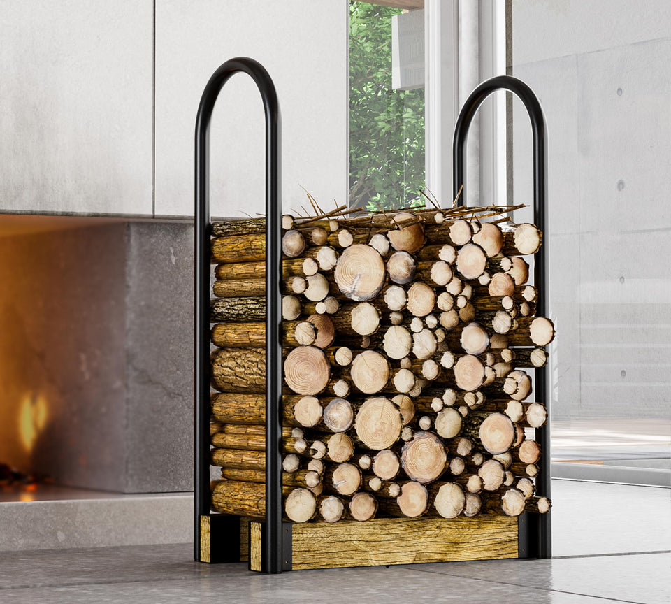 Fire Beauty Firewood Rack assembly shows sturdy steel construction for durable indoor use.