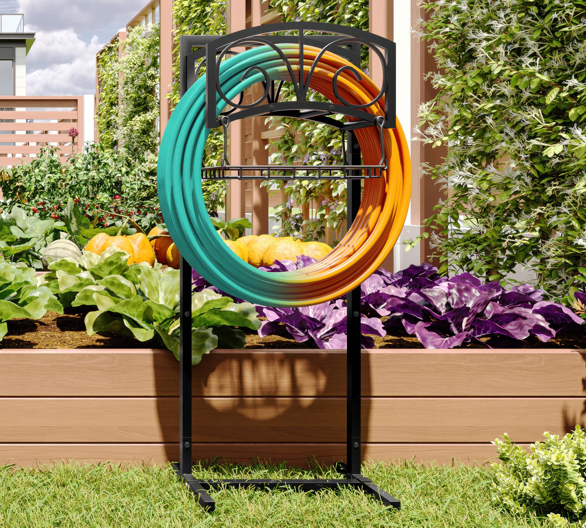Fire Beauty garden hose holder front view keeps hoses tidy and accessible.