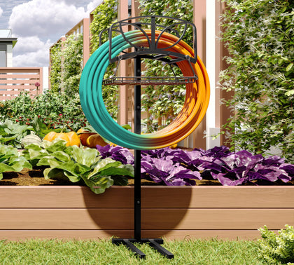Fire Beauty hose holder main view shows sturdy 80+ lb capacity in a garden setting.