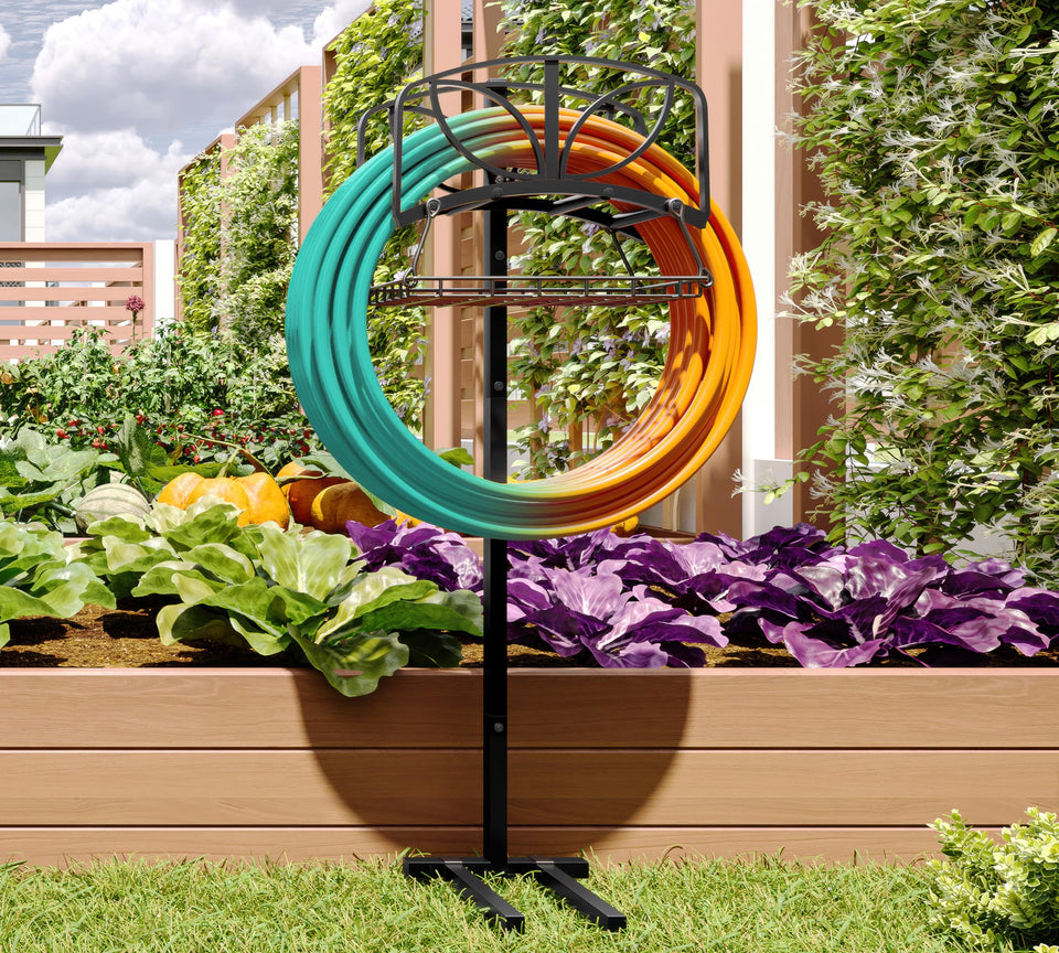 Fire Beauty hose holder main view shows sturdy 80+ lb capacity in a garden setting.