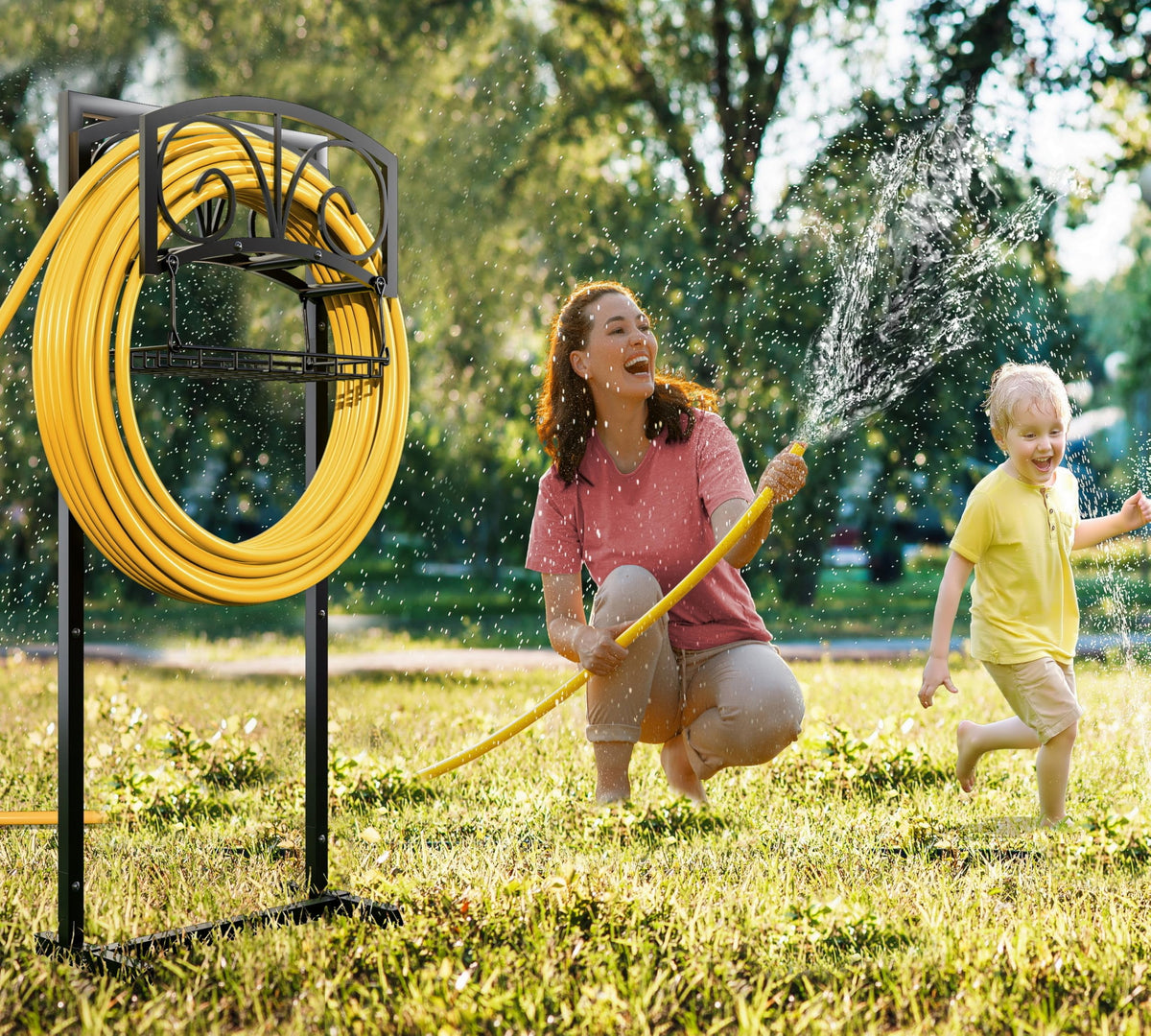 Fire Beauty garden hose holder side profile shows durable freestanding outdoor design.