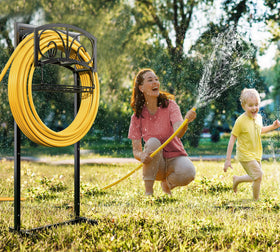 Fire Beauty garden hose holder side profile shows durable freestanding outdoor design.