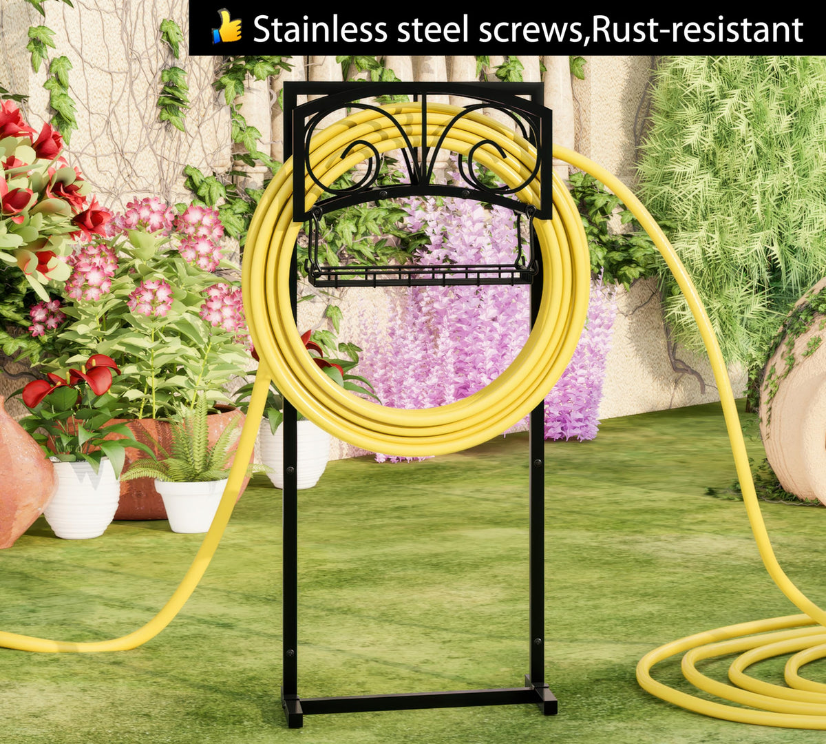 Fire Beauty hose holder detachable stake enables flexible in-ground setup.