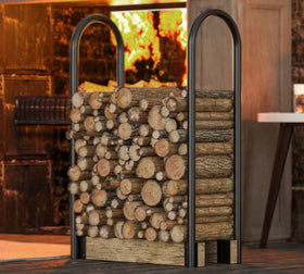 Fire Beauty Log Holder side view highlights stable weight capacity and rustic arc.