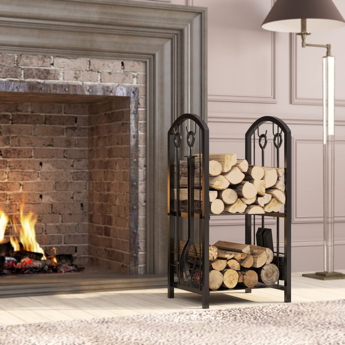 Fire Beauty steel shelf below the rack for fire starters and magazines.