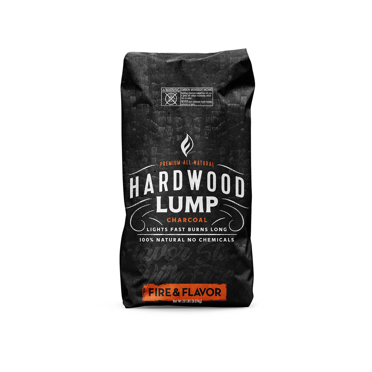 Fire & Flavor premium hardwood lump charcoal bag with 2–4 inch pieces for even heat.