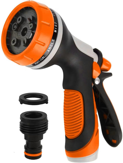 Fire Frog garden hose nozzle showing 10 patterns for precise watering and cleaning.