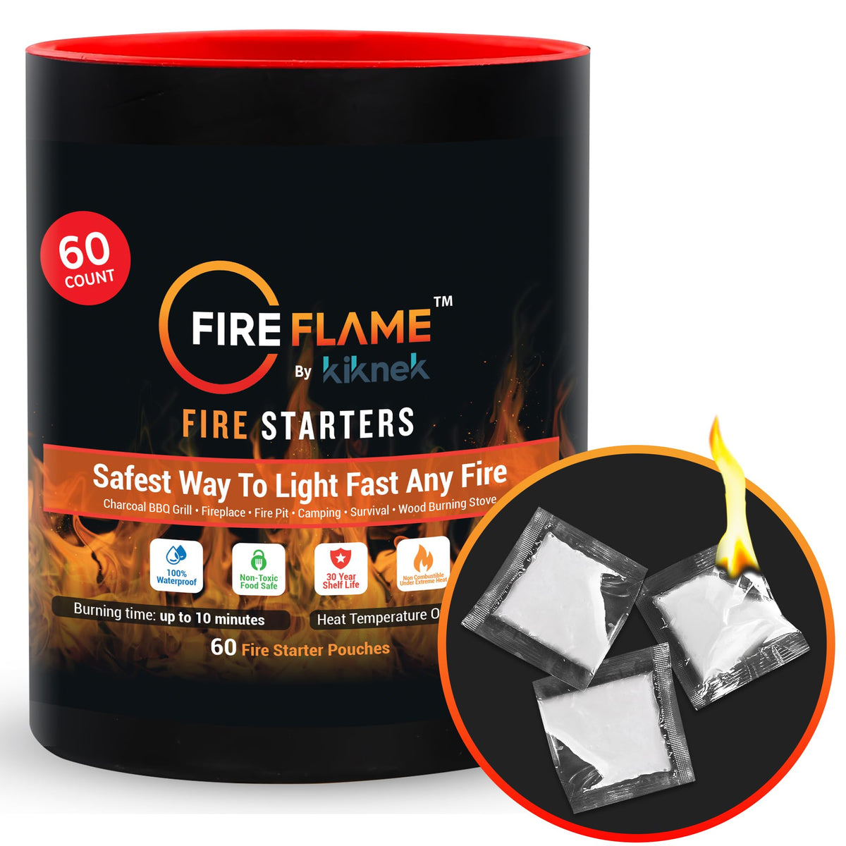 Fireflame canister displaying 60 pouches for reliable outdoor lighting