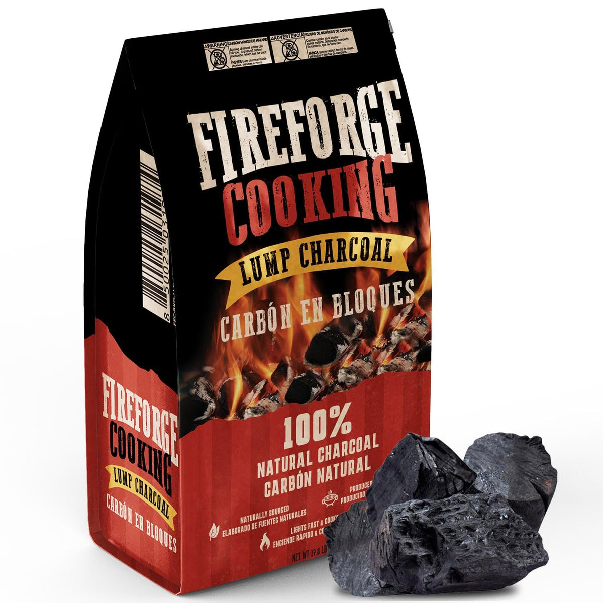 FireForge Cooking lump charcoal bag front, ready for grilling.