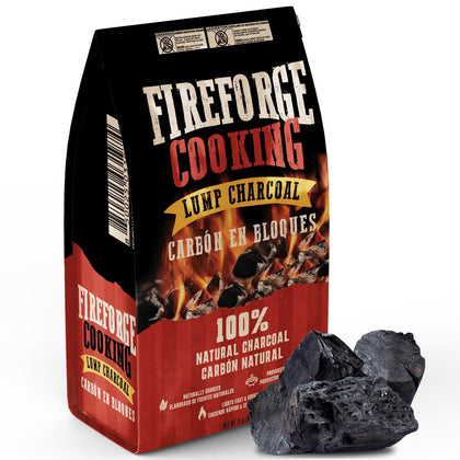 FireForge Cooking lump charcoal bag front, ready for grilling.