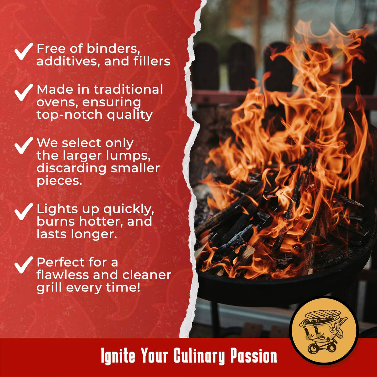 Charcoal lumps glowing with clean burn for high-heat searing.