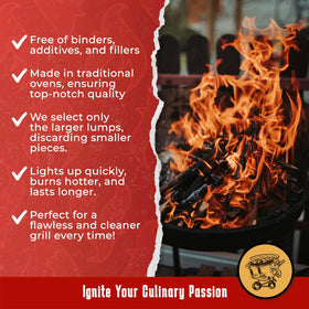 Charcoal lumps glowing with clean burn for high-heat searing.