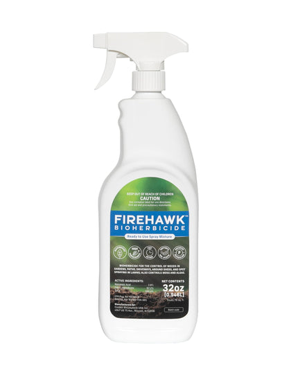 FireHawk Bioherbicide 32oz bottle on porch, ready for fast weed control.