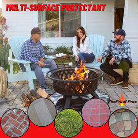 FireProof Pros mat under a fire pit demonstrates non-slip and waterproof base.