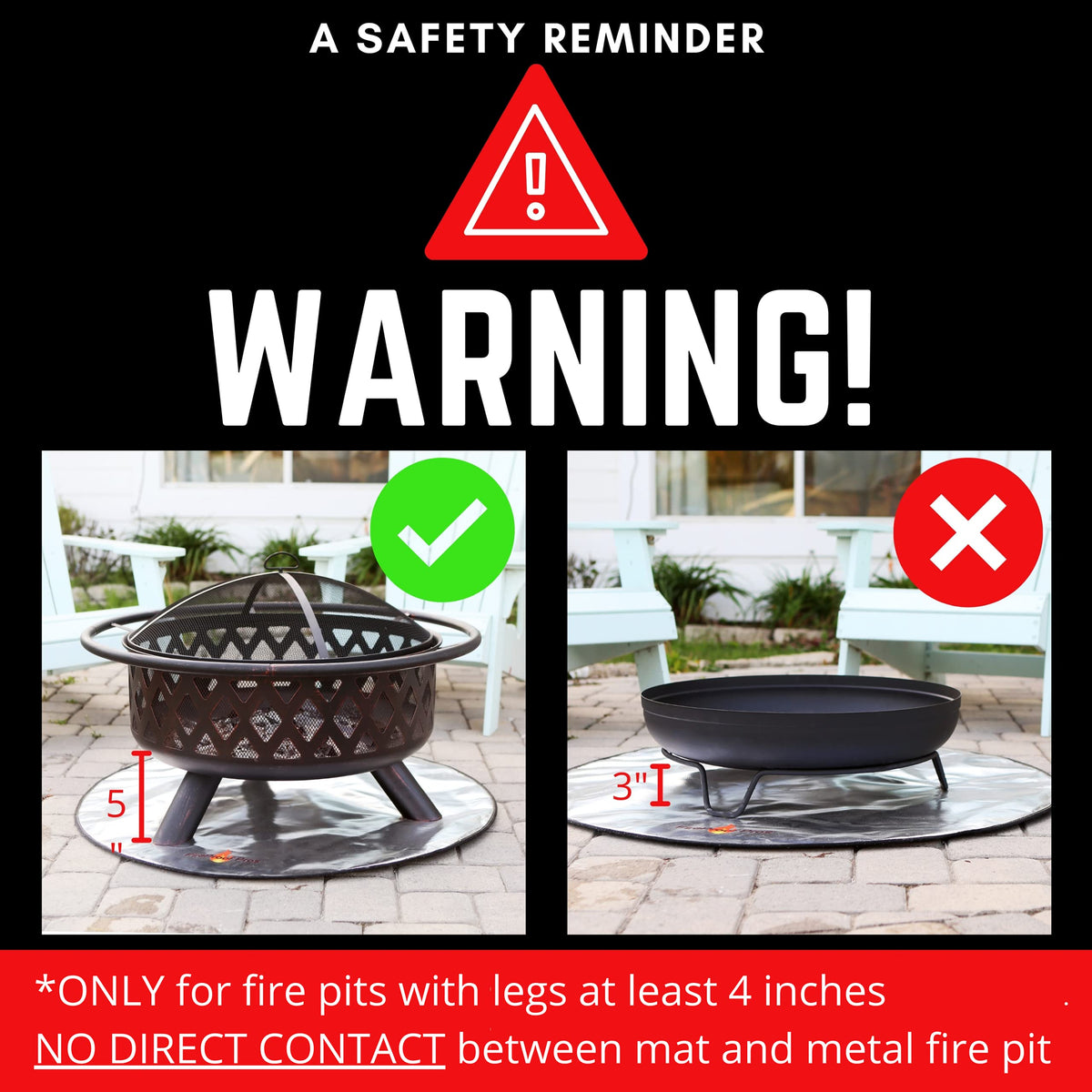 FireProof Pros mat placed under a fire pit on a wooden deck to prevent scorch marks.