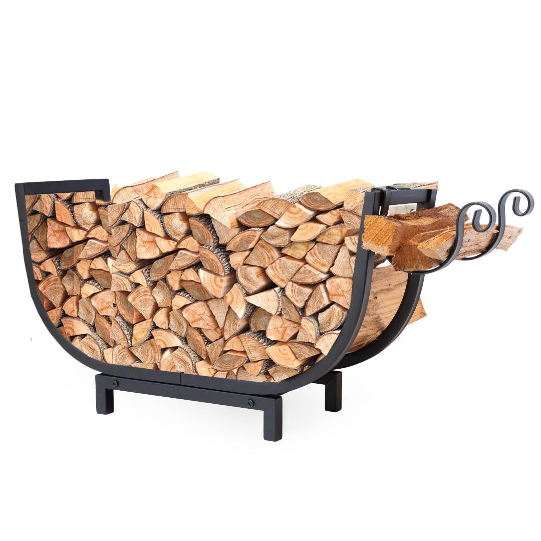 FireProof Pros half-circle firewood holder outdoors with logs neatly stacked