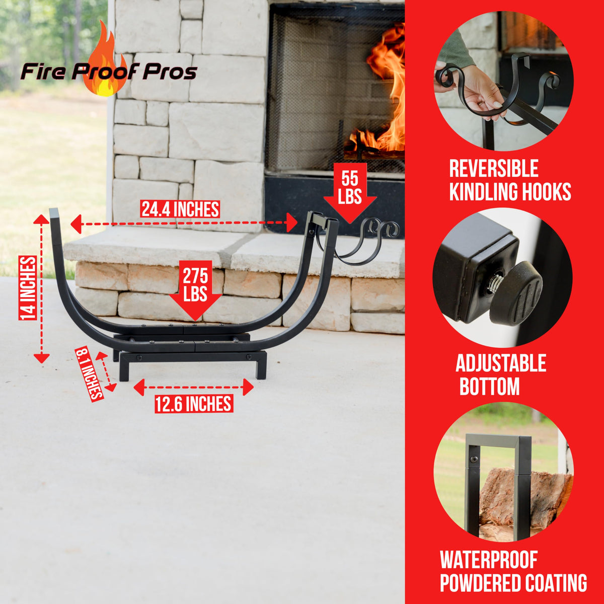 FireProof Pros kindling holder attached to log rack for easy lighting
