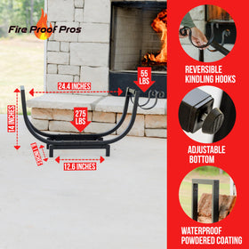 FireProof Pros kindling holder attached to log rack for easy lighting