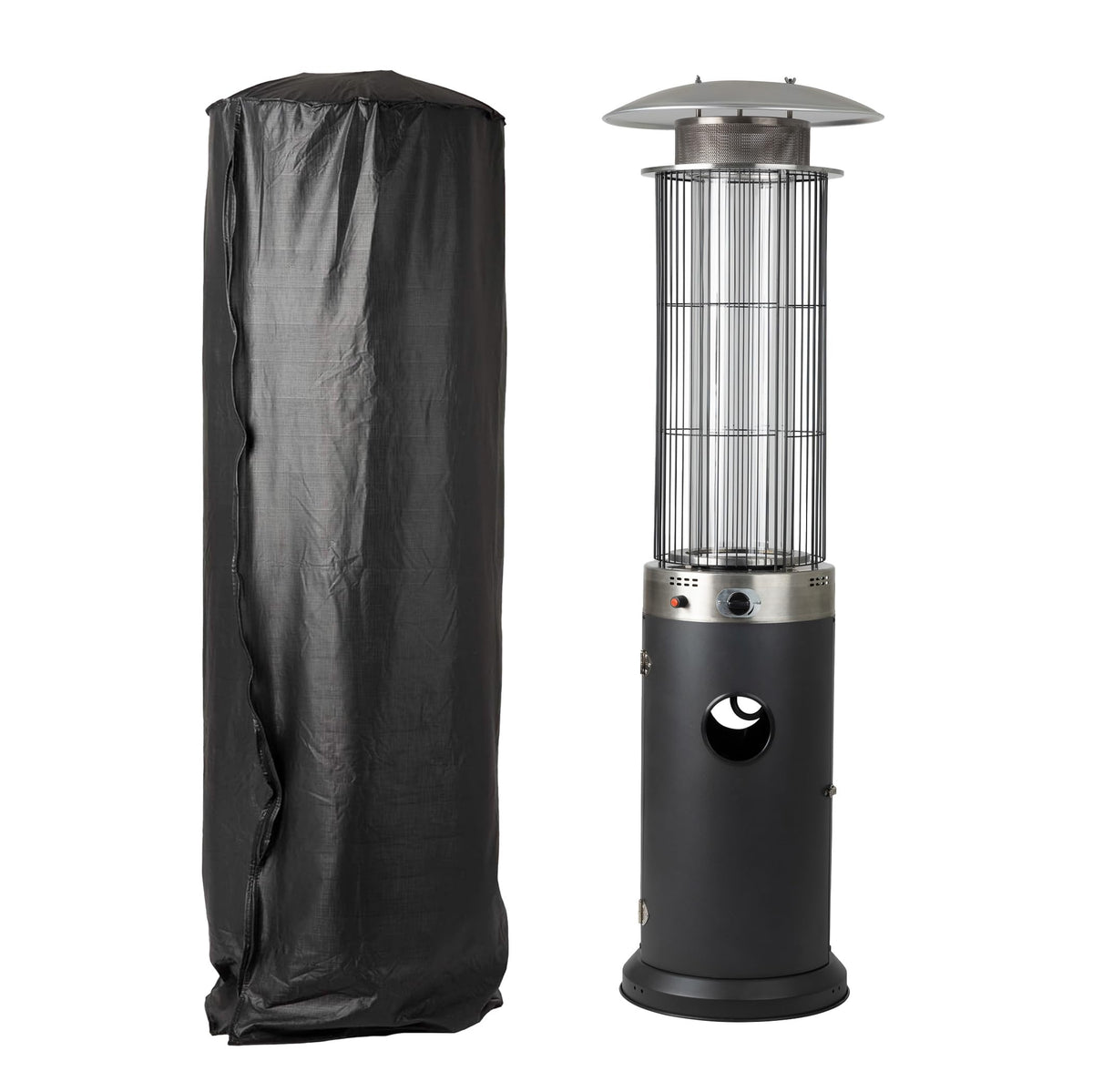 Fire Sense outdoor cover on a spiral flame heater protects from rain and dust.