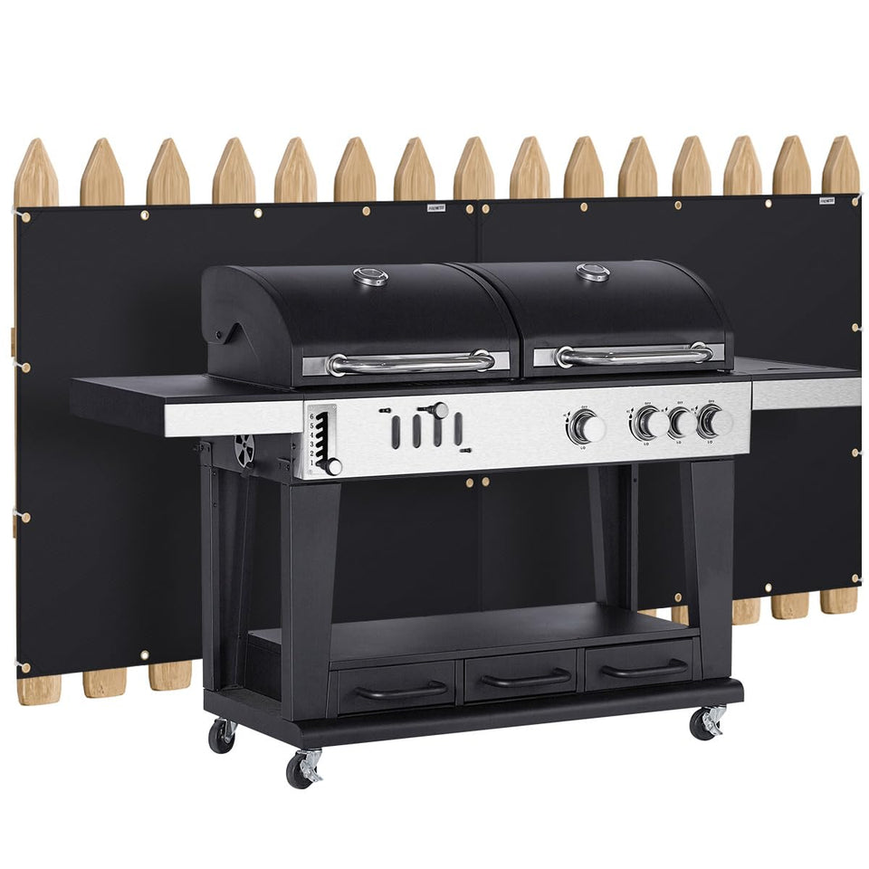 FIREWESS Heat Shield Mat on the back of a grill protecting railing from heat and sparks