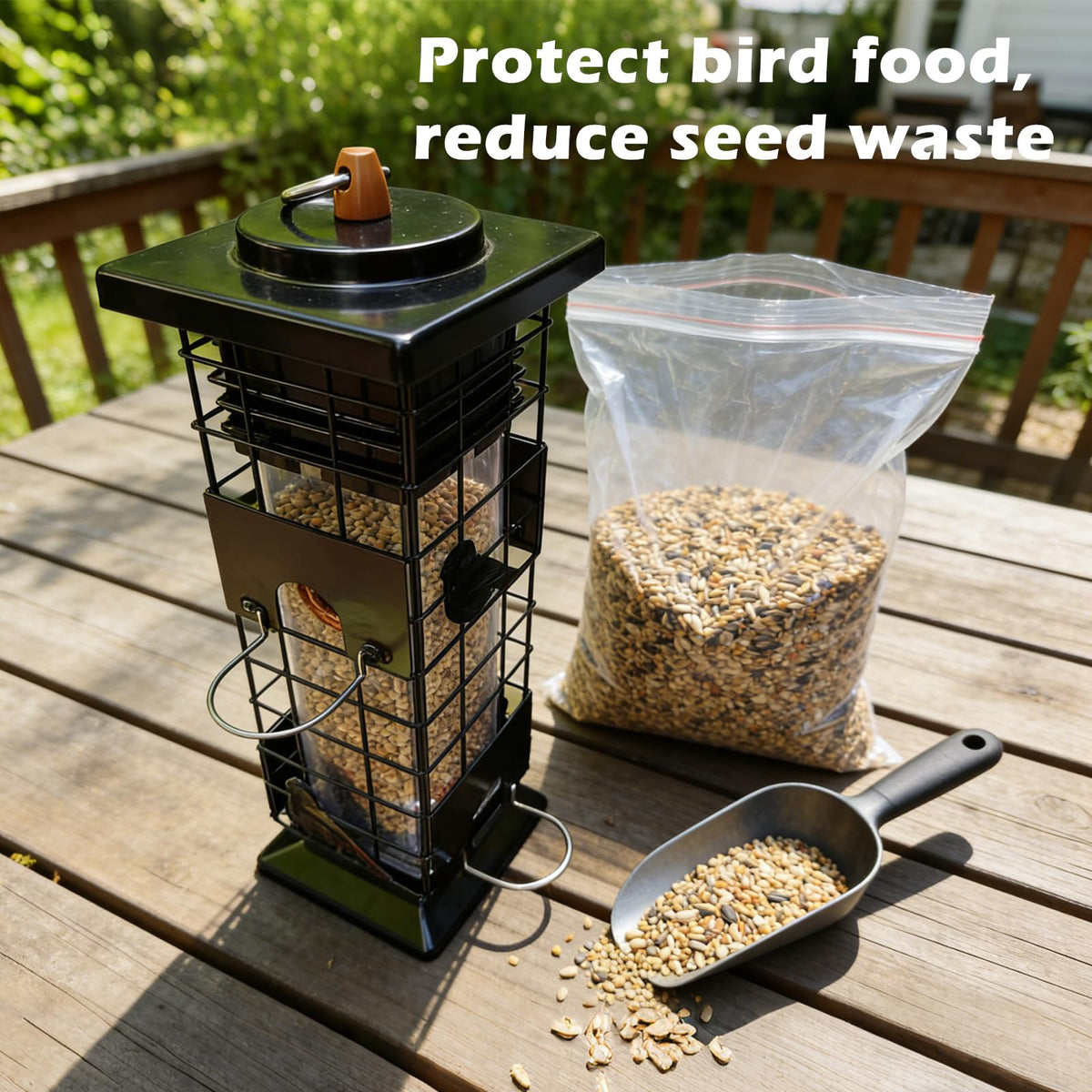Firmlly gravity-activated system blocks squirrels while small birds feed.