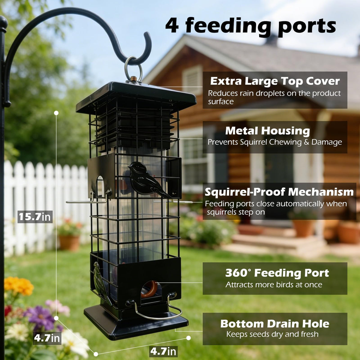 Firmlly metal bird feeder for outdoors stands up to weather and busy yards.