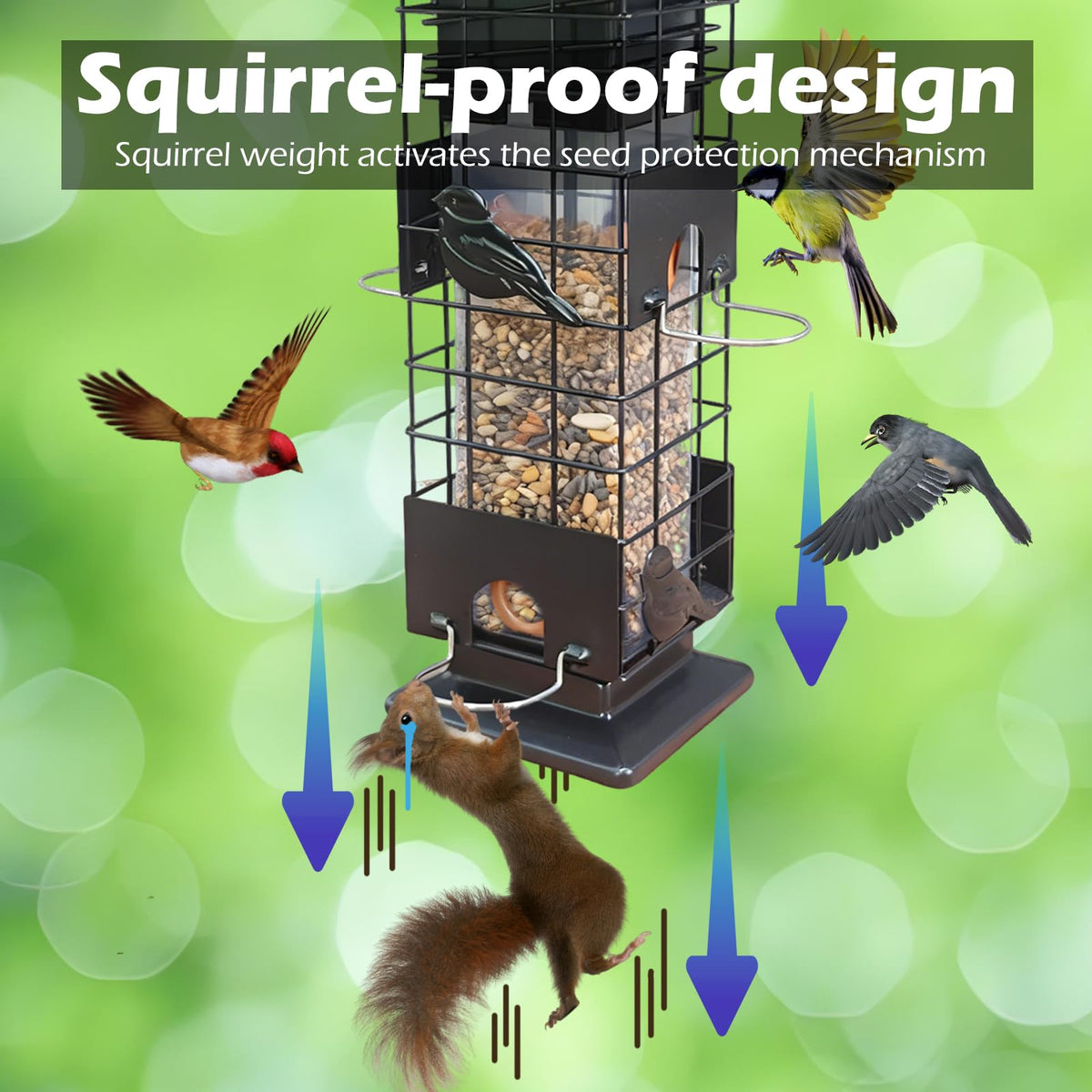 Firmlly weather-resistant feeder in dark grey endures rain and sun.